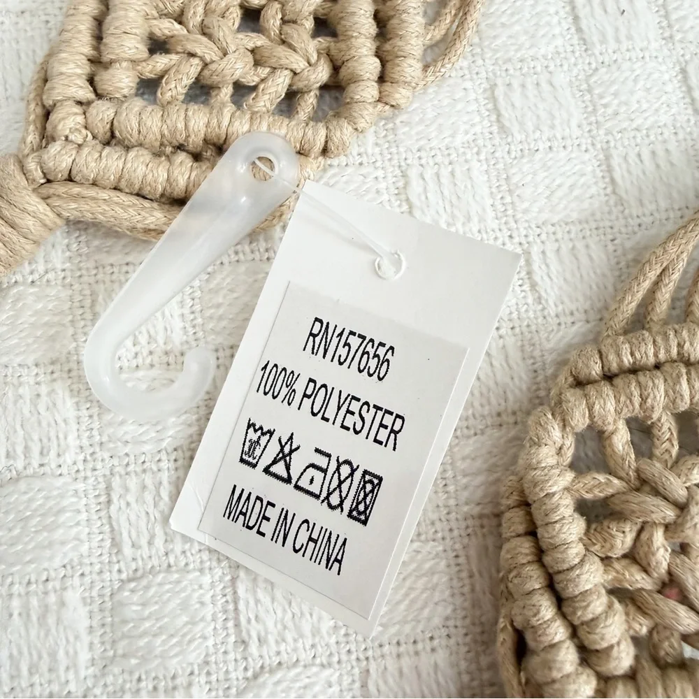 NWT Macrame Boho Woven Rattan Straw Rope Braid Waist Belt Khaki Tan